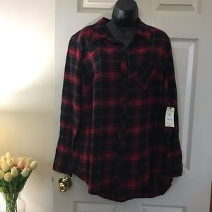 Plaid button down shirt embroidered flower